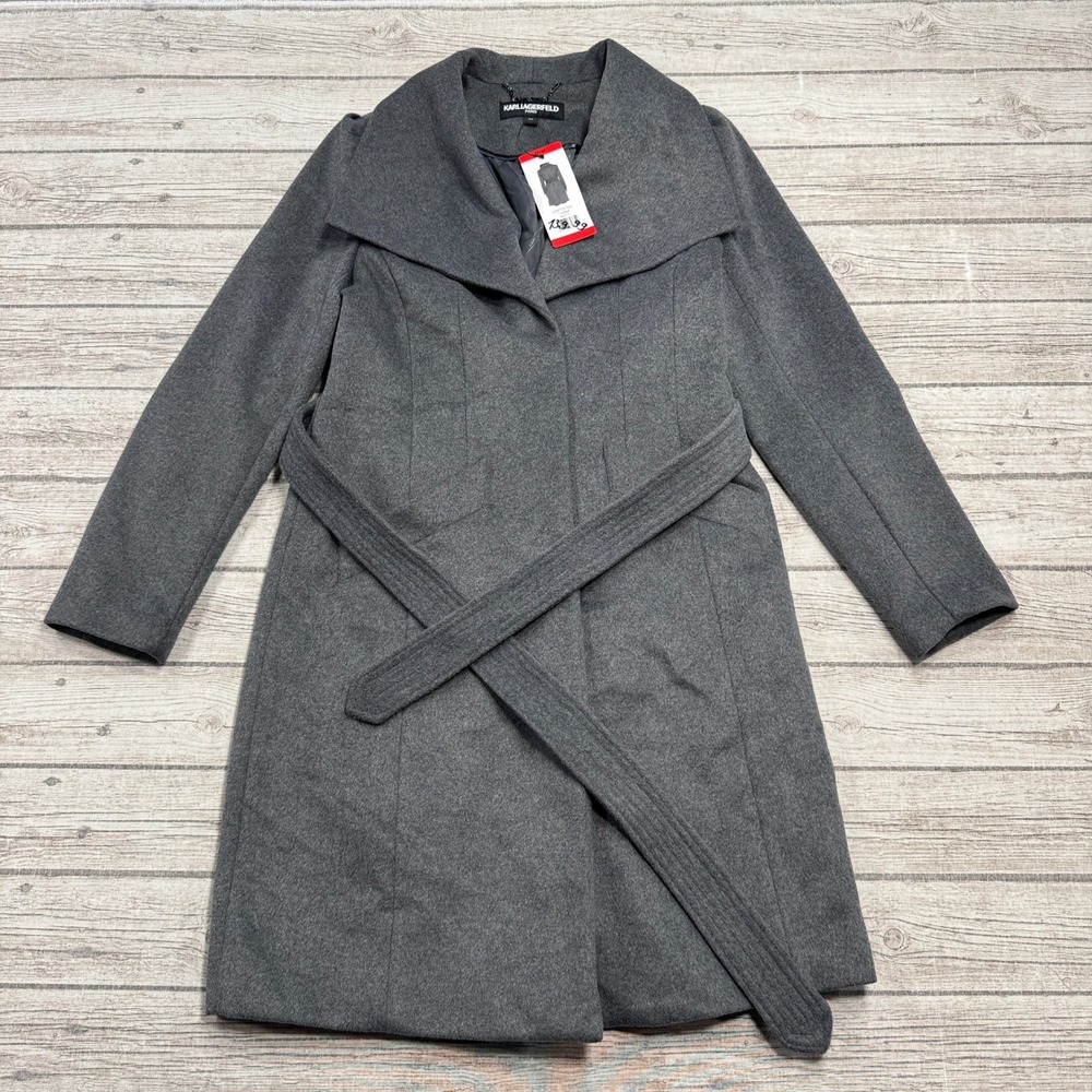 NEW Karl Lagerfeld Paris Wrap Coat Women's Medium Gray Belted Wool Blend Outdoor